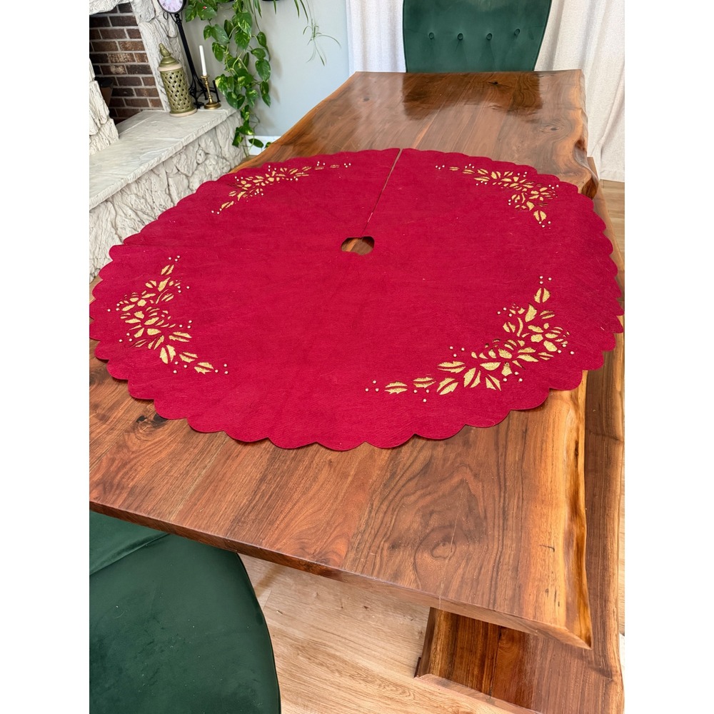 Red Felt Christmas Tree Skirt Gold Glitter Floral Cutout Scalloped 48 Inch